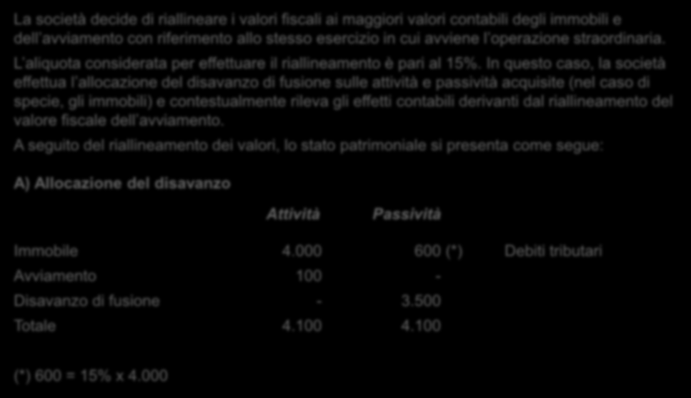 OIC 25 Imposte sul reddito Ipotesi di riallineamento contestuale dei valori fiscali La società decide di riallineare i valori fiscali ai maggiori valori contabili degli immobili e dell avviamento con