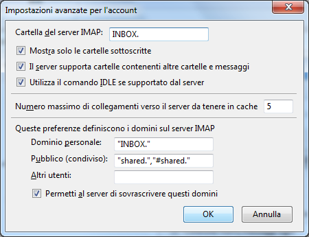 Nella finestra Impostazioni avanzate per l'account selezionare la scheda IMAP, nel campo IMAP server directory inserire INBOX.