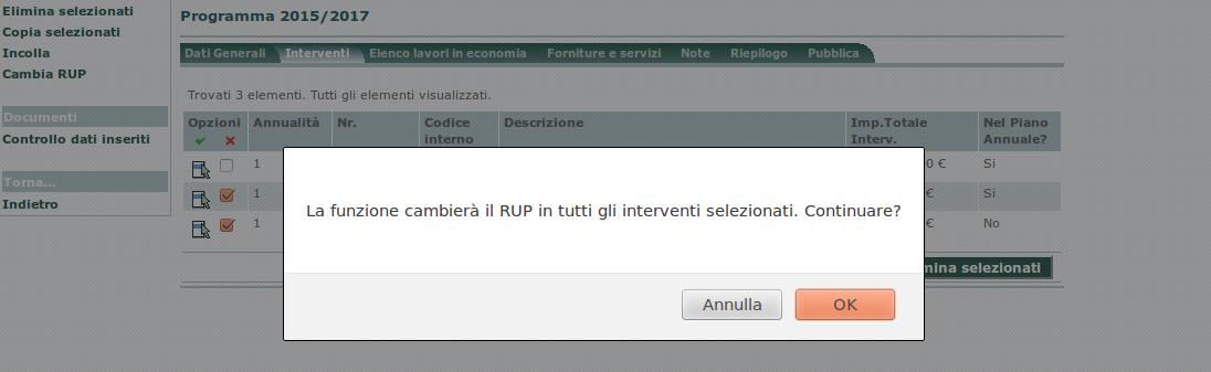 marcare la casella degli interventi di interesse con un clic 2. cliccare su Cambia RUP 3.