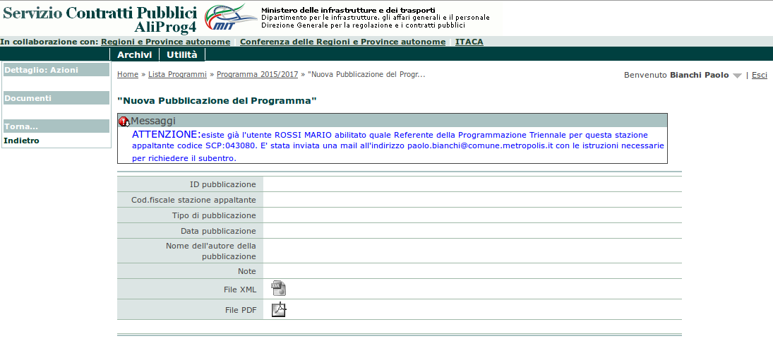 9.3 Subentri Qualora il Referente per la programmazione sia cambiato sarà necessario effettuare apposita richiesta di subentro al Servizio di Pubblicazione della Programmazione Triennale del