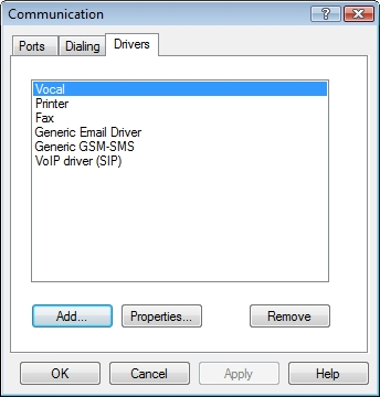 Configurazione dei drivers di comunicazione I drivers di comunicazione sono moduli software indipendenti che si occupano della comunicazione tramite un mezzo trasmissivo specifico (SMS, e-mail, fax,