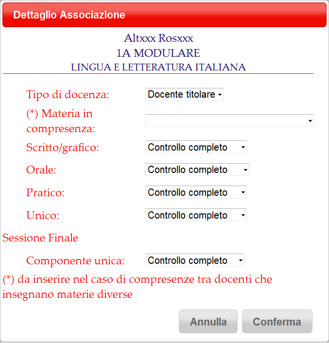 Per configurare l abbinamento Docente Classe Materia, cliccare in alto a sinistra dell abbinamento su Impostare i seguenti dati: Tipo di docenza: Docente titolare, Compresenza, Supplente; Se il