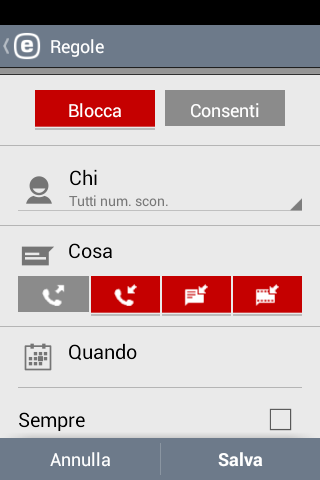 6. Filtro SMS e chiamate 6.1 Regole Per aggiungere una nuova regola, toccare l'icona. Per ulteriori informazioni sulla creazione di una nuova regola, consultare questa sezione 12.