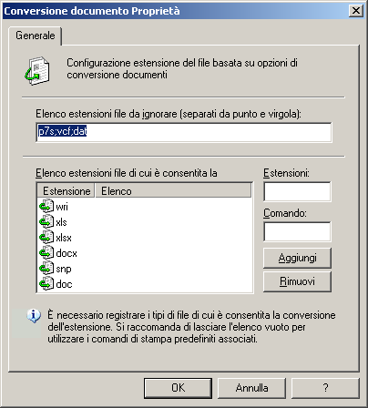 Configurazione delle opzioni del server fax Configurazione della conversione di documenti Gli allegati in formato Microsoft Office, rtf, txt, gif, jpg, HTML e PDF possono essere convertiti a livello