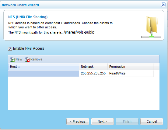 Se attivate NFS inserendo il segno di spunta accanto a Enable NFS Access e cliccate su Next, dovete ancora indicare l'host, in quanto l'accesso NFS si