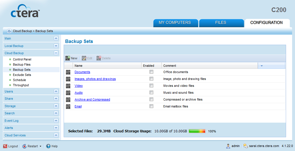 Nel comando di menu Backup Sets trovate i set predefiniti ("default").