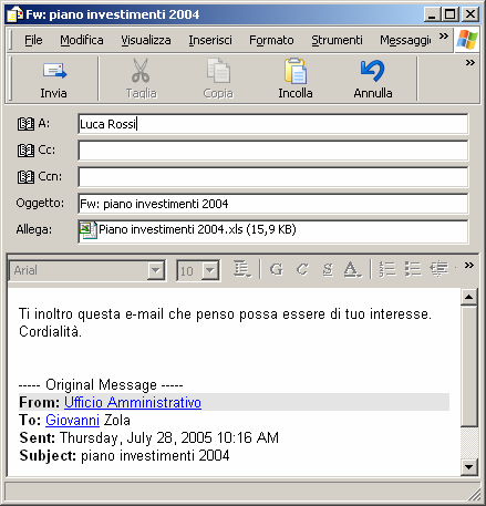 ECDL 7.5.3.9 Inoltro di messaggi Obiettivo: Inoltrare un messaggio Se ritieni che un messaggio che hai ricevuto possa essere interessante per un collega puoi inoltrarglielo.