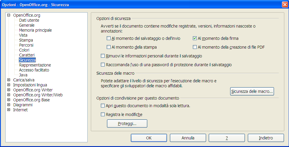 Opzioni comuni a tutti i componenti di OOo Sicurezza Nella pagina OpenOffice.