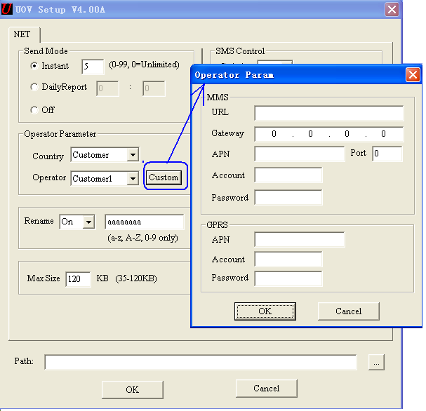 Fig 14 Se non si trova il proprio operatore in lista, selezionare CUSTOM. Quindi potrete immettere i parametri del vostro operatore nella finestra che si apre. 12) Send to: Fig 15 a.