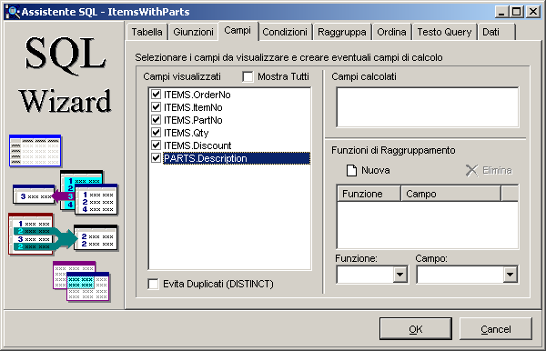 36 Open DB - Manuale dell Utente Campi: selezione dei campi, creazione di campi calcolati e di campi di aggregazione Condizioni: inserimento delle condizioni.