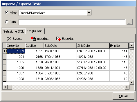 72 Open DB - Manuale dell Utente Importa / Esporta Testo Questa utility consente di importare ubn file di testo formattato in una tabella preesistente o di esportare un dataset creando un nuovo file