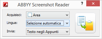 ABBYY Screenshot Reader ABBYY Screenshot Reader è un'applicazione intuitiva e di facile utilizzo che consente di acquisire due tipi di schermate (immagini e testo) visualizzate in qualsiasi area
