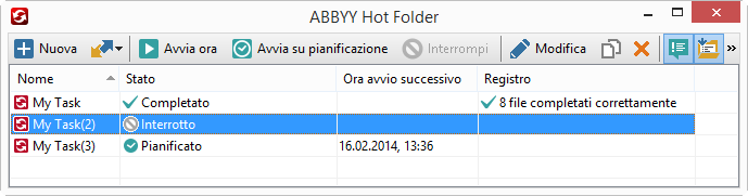 Nella finestra principale di ABBYY Hot Folder è visualizzato un elenco di operazioni impostate.