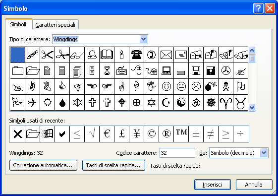 22 I caratteri Wingdings In particolare alcuni simboli sono automaticamente riprodotti da Word con particolari sequenze di caratteri. Ad esempio, il simbolo del Copyright.