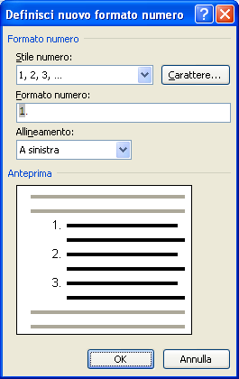 Menu del pulsante Elenchi numerati La finestra è molto simile a