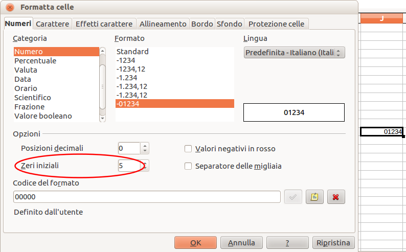 Figura 115: regolazione degli zeri iniziali Introdurre testo Selezionate la cella e digitate il testo. Per impostazione predefinita, il testo è allineato a sinistra.