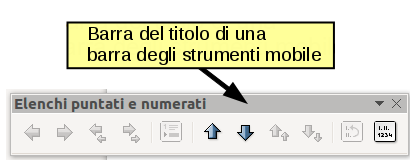 Figura 5: spostamento di una barra strumenti mobile Barre strumenti mobili LibreOffice include diverse altre barre strumenti sensibili al contesto, che vengono visualizzate in modo predefinito come