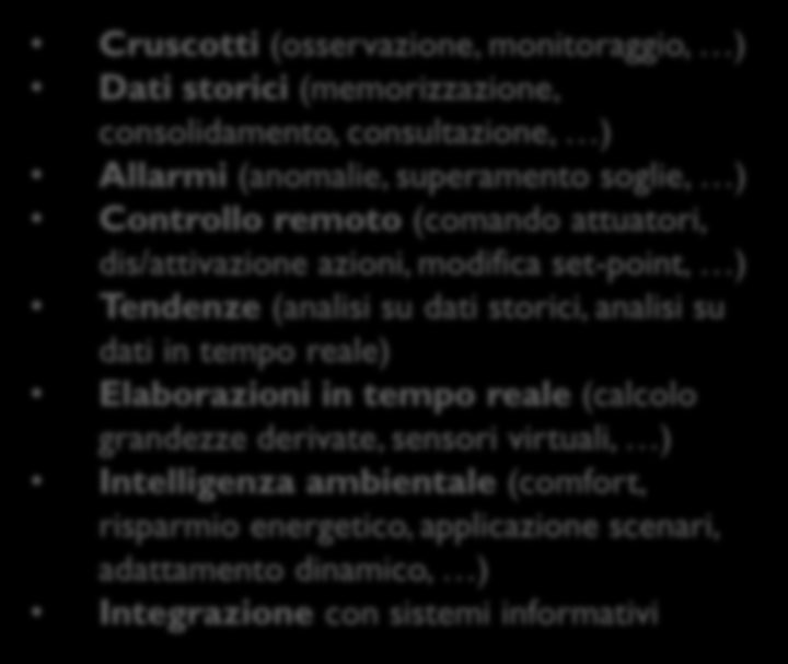 Visione «verticale» dei produttori Cruscotti (osservazione, monitoraggio, ) Dati storici (memorizzazione, consolidamento, consultazione, ) Allarmi (anomalie, superamento soglie, ) Controllo remoto