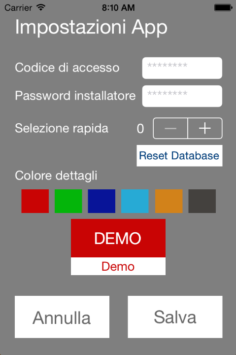 Configurazione applicazione Nella videata di configurazione dell applicazione sono disponibili quattro parametri, questi vengono presentati come illustrato nell immagine a fianco.