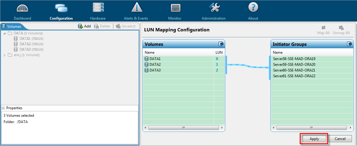 Figura 6. Indicazione della cartella delle LUN 3. Selezionare le LUN appena create e gli initiator group, quindi fare clic su Map All come illustrato nella Figura 7.