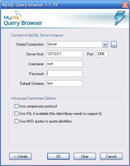 Avviare MySQL Query Browser Se la connessione al server è stata stabilita correttamente, tutti i valori inseriti nei campi della finestra di connessione verranno salvati per connessioni future (vedi