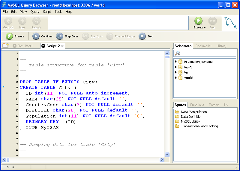 Una panoramica di MySQL Query Browser L'editor degli script compare all'interno di una singola linguetta nell'area dei risultati (Result Area).