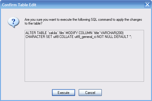 The MySQL Table Editor Potete cliccare sul pulasnte EXECUTE per confermare i cambiamenti che avete apportato, o cliccare sul pulsante CANCEL per annullare l'applicazione dei cambiamenti (in questo