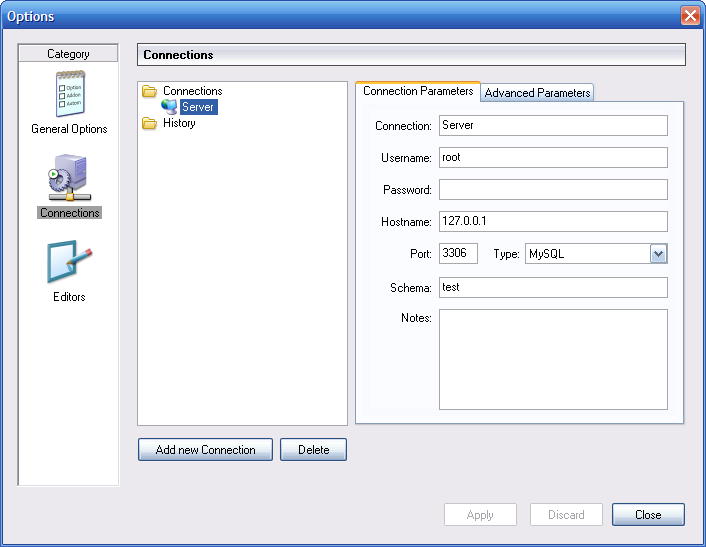 Finestra di Dialogo Options Per modificare un profilo di connessione preesistente, cliccate sul suo nome e cambiate i valori che appaiono nelle schede Connection Parameters e Advanced Parameters, e