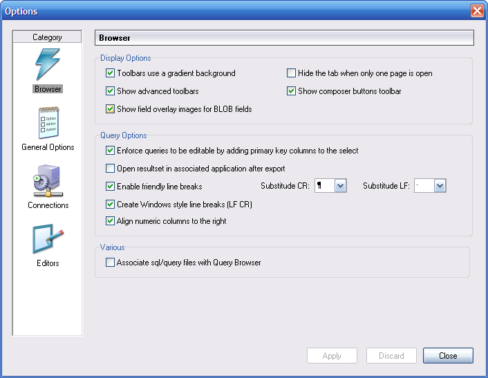 Finestra di Dialogo Options 7.5. La Sezione Browser La sezione Browser consente di specificare le opzioni relative a MySQL Query Browser.