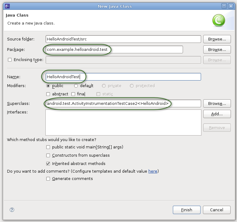 Per aggiungere il file Java relativo alla Test Case Class una volta acceduti alla cartella src e al corrispondente package col tasto destro del mouse selezionare New>Class, nella finestra che appare