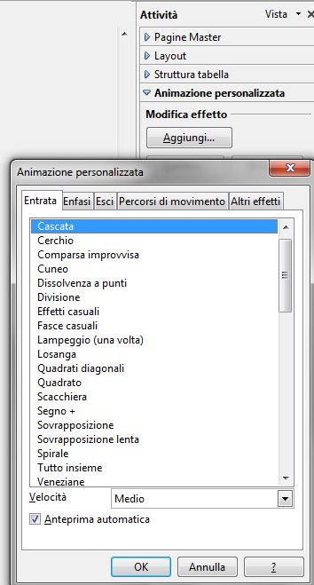 Effetti di transizione diapositiva Tra una diapositiva e l'altra è possibile inserire degli effetti di animazione denominati anche effetti di transizione proprio perché vengono applicati nel cambio