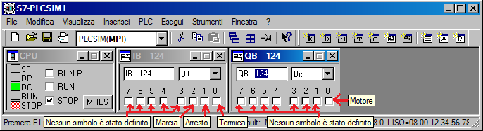 SIMULAZIONE: Tecnica basata su Relazioni I/O Motore: Marcia/Motore/Arresto Se tutto è ok, soffermandosi con il mouse sui bit di I/O dovrebbero apparire i tooltip indicati nella figura sottostante.