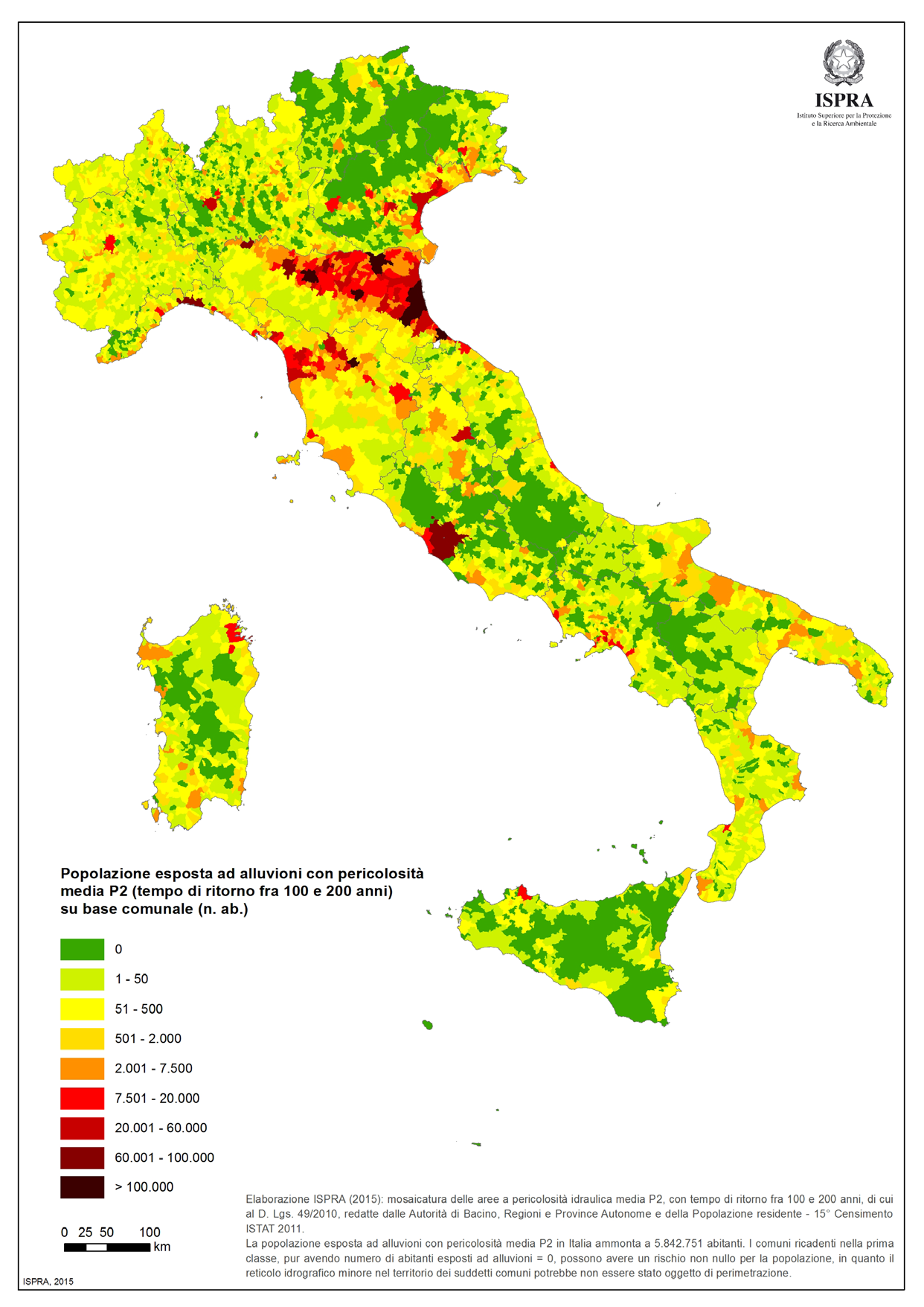 2.2 Popolazione esposta ad alluvioni La stima della popolazione esposta ad alluvioni è stata effettuata utilizzando come dati di input la mosaicatura delle aree a pericolosità idraulica elevata (P3)