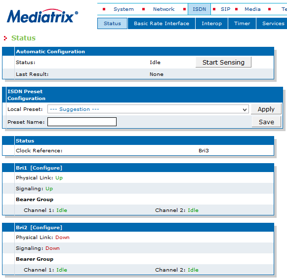 Stato ISDN [Menu ISDN Status] In questa sezione è possibile controllare lo stato delle linee ISDN, utile soprattutto nella prima installazione per controllare se la configurazione è corretta.