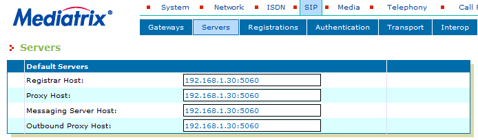 Configurazioni SIP [Menu SIP Servers] In questa sezione va configurato l indirizzo IP del server VOIspeed 6 affinché il gateway Mediatrix vi instradi le chiamate in ingresso.