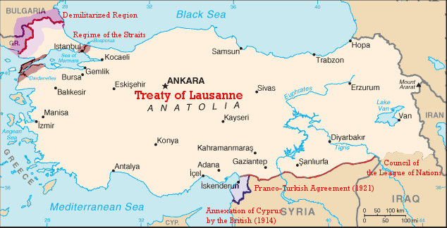 Il trattato di Losanna (1923) Mustafa Kemal riuscì a far rivedere il trattato di Sèvres e garantì alla Repubblica Turca i confini