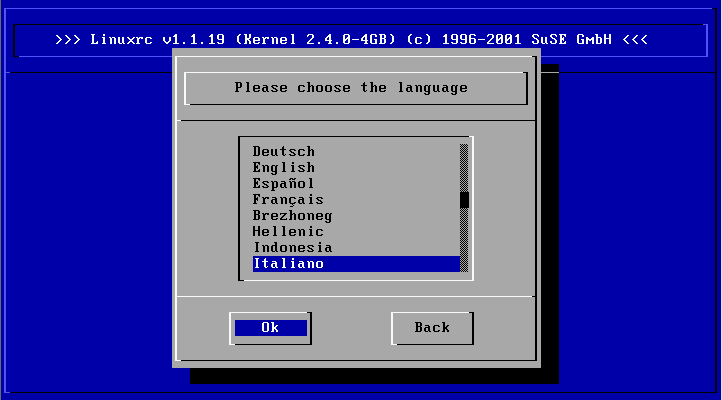 2.1 L installazione con YaST (YaST 1) in modo di testo L uso di linuxrc non è complicato: con e scegliete un punto del menù, con e scegliete un comando (per esempio Ok o Interruzione ).