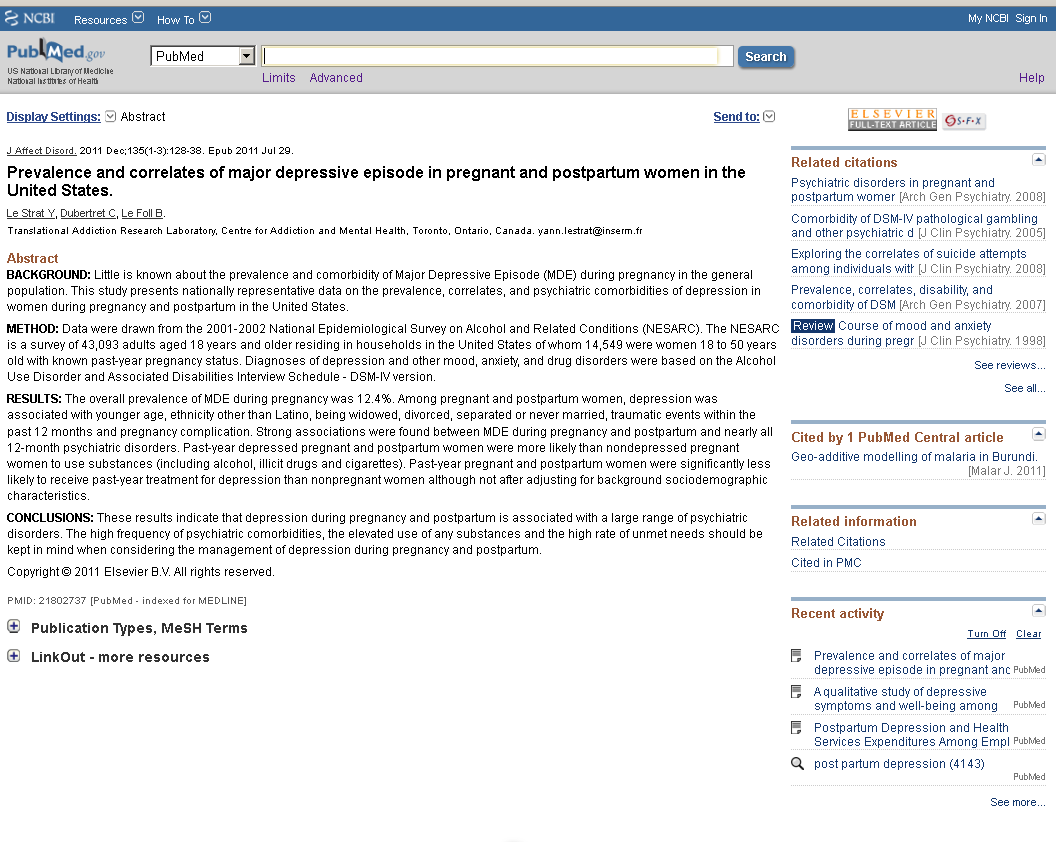 PubMed Accedere al full text (1) Cliccando sul titolo dell articolo, si vede la citazione completa. Spesso c è il link all editore. E visibile il full text se la rivista è free.