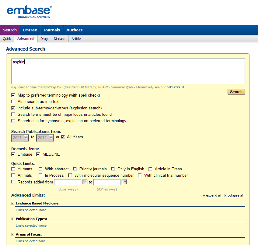 EMBASE Advanced E possibile scegliere se effettuare la ricerca solo in Embase o anche in MEDLINE. E preferibile cercare anche nel vocabolario controllato (Map to preferred terminology).