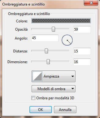 o È possibile aggiungere anche un Ombra, selezionando la casella di selezione specifica, e usare il pulsante Personalizza per scegliere il relativo Colore, Opacità, Angolo, Dimensione e Ampiezza, se