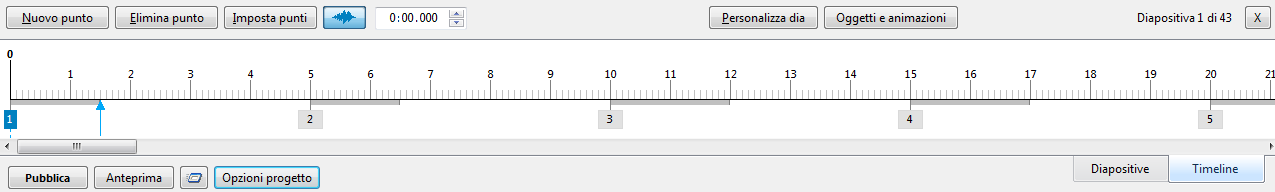 In questo caso, la finestra Timeline sarà sfumata e le diapositive saranno distribuite lungo l intera traccia musicale con intervalli uguali.