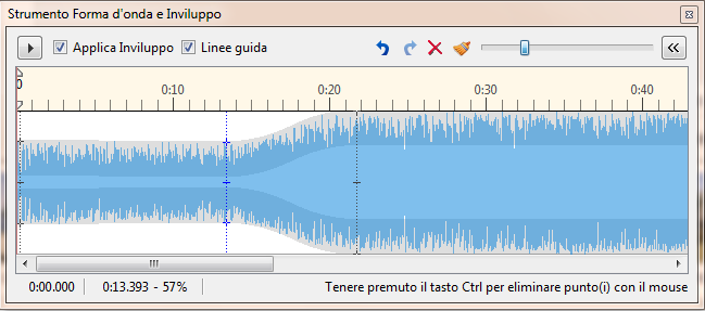 Alla fine del clip audio è possibile applicare una Dissolvenza in chiusura e la Durata della traccia. Osservate l esempio seguente.