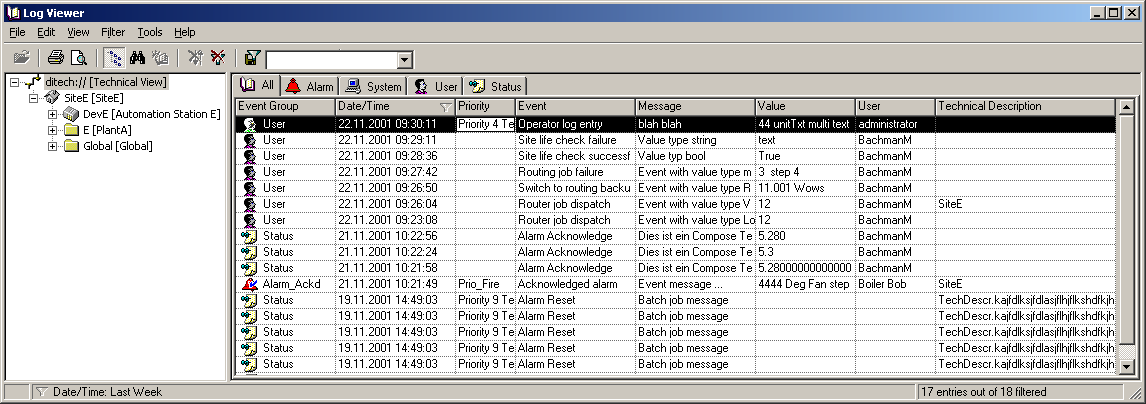 Log Viewer Visualizza tutti gli eventi e tutte le attività degli operatori archiviati in ordine cronologico nel database di log.