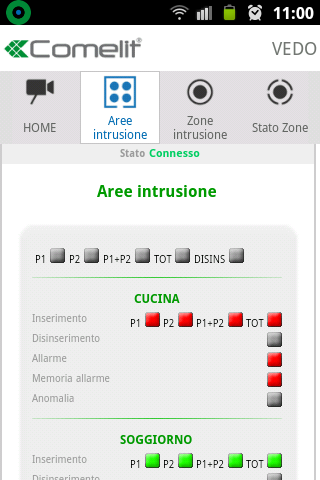 VISUALIZZARE E COMANDARE LE AREE INTRUSIONE Dalla sezione Aree intrusione è possibile inserire, disinserire e visualizzare lo stato delle aree dell'impianto di allarme.