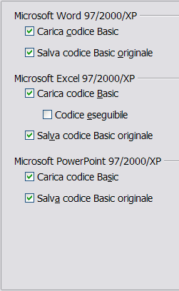 Figura 19: Opzioni Carica/Salva Proprietà VBA Se scegliete Salva codice Basic originale, le macro non funzioneranno in OOo ma saranno mantenute se si salva il file nel formato Microsoft Office.