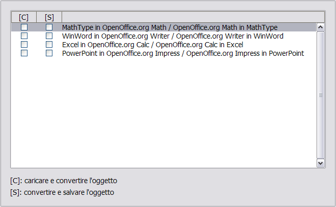 Selezionate l'opzione nella colonna [S] per convertire gli oggetti OLE OpenOffice.