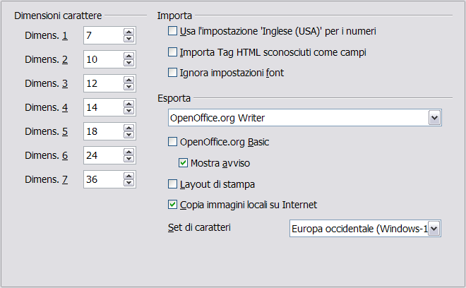 Figura 21: Opzioni di compatibilità HTML Importa - Usa l'impostazione 'Inglese (USA)' per i numeri Nell' importazione di numeri da una pagina HTML, i caratteri separatori dei decimali e delle