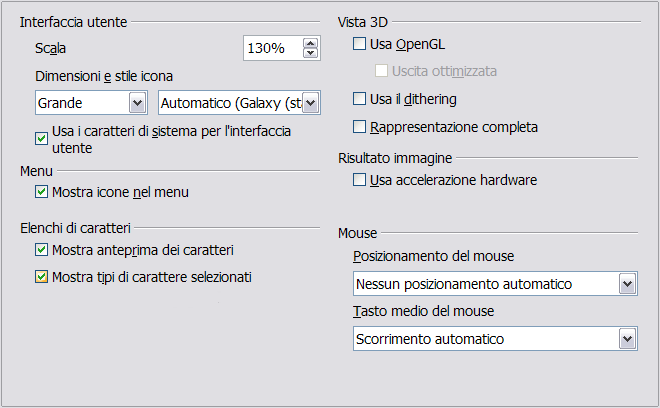 Vista Le opzioni Vista riguardano l'aspetto e il comportamento della finestra dei documenti. Nella finestra Opzioni, fate clic su OpenOffice.org > Vista.