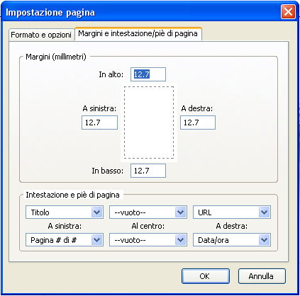 Formato e opzioni: per scegliere l'orientamento, la scala, ed altre opzioni: Orientamento: Verticale: selezionare questa voce corto verso l'alto.