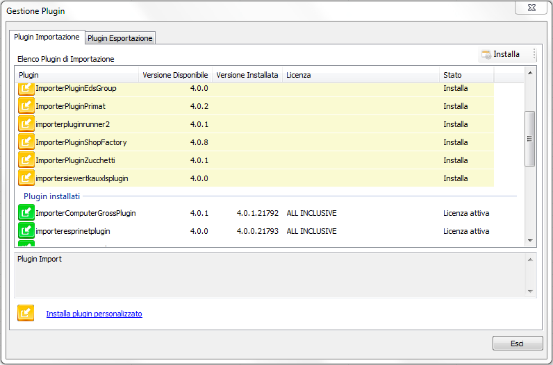 "Elenco Plugin di Importazione" è divisa in due sezioni.